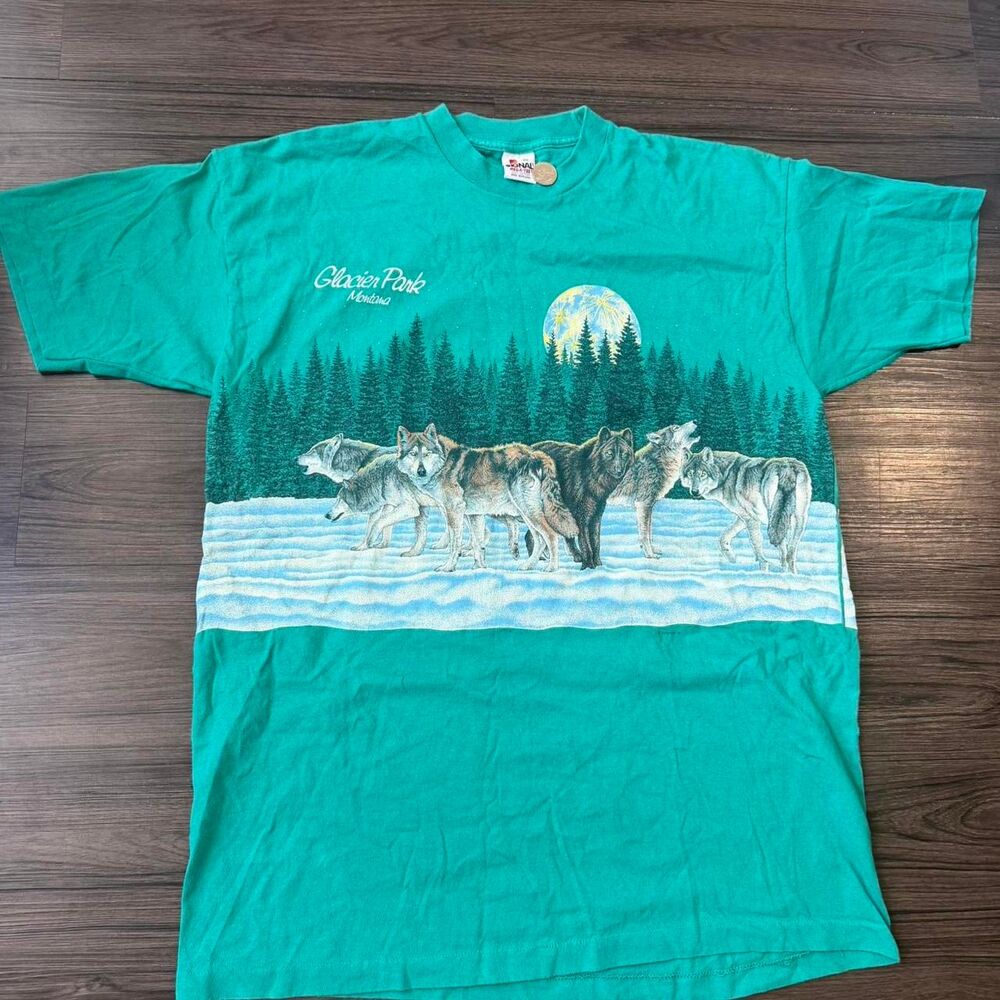 Vintage 1991 Wolf AOP Wraparound Nature Outdoor Habitat Single Stitch Tee Sz XL